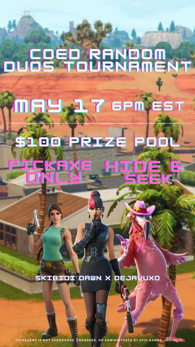 🏆$100+ COED RANDOM DUO CUP🏆

📆17th May
⏰ 6 PM EST / 5 PM CST
📍NA EAST SERVER

To be chosen: (invites only)
Follow <a href="/dawwniee/">ʙɴᴛʜ Sleepy Dawn</a> &amp; <a href="/Dejavuxo_/">DX Dejavuﾒ𝟶</a> 
❤️&amp;♻️