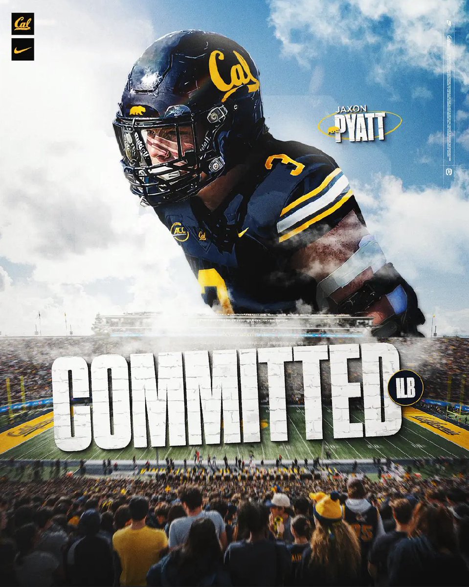 Jaxon Pyatt (@jaxonpyatt) on Twitter photo After years of hard work, I’m blessed to announce my commitment to <a href="/CalFootball/">Cal Football</a>.
Thank you to everyone who believed in me and supported my journey. This is just the beginning. 🐻 🟡🔵
<a href="/Coach_MikeBruno/">Michael Bruno</a>
<a href="/CalBears247/">BearTerritory.net</a> <a href="/CalRivals/">Cal Rivals</a> <a href="/SWiltfong_/">Steve Wiltfong</a> <a href="/GregBiggins/">Greg Biggins</a>
@brandonhuffman After years of hard work, I’m blessed to announce my commitment to <a href="/CalFootball/">Cal Football</a>.
Thank you to everyone who believed in me and supported my journey. This is just the beginning. 🐻 🟡🔵
<a href="/Coach_MikeBruno/">Michael Bruno</a>
<a href="/CalBears247/">BearTerritory.net</a> <a href="/CalRivals/">Cal Rivals</a> <a href="/SWiltfong_/">Steve Wiltfong</a> <a href="/GregBiggins/">Greg Biggins</a>
@brandonhuffman