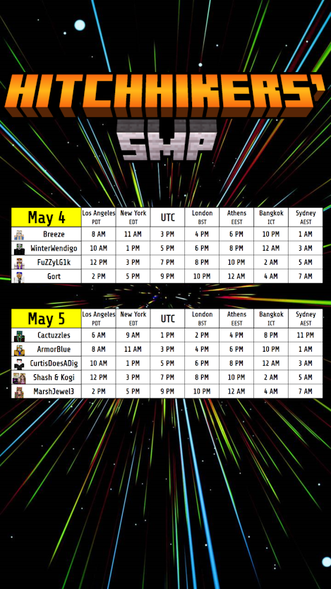 Streaming event on the Hitchhikers SMP!! I will be live on Twitch. Be sure to join the discord to find the links to everyone's channels! discord.gg/ZmUMQyrPfN