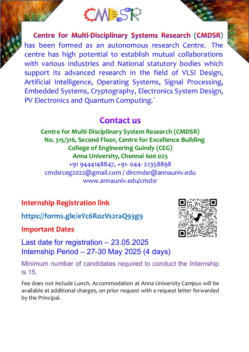 linuxbaskar's tweet photo. Four days ONLINE/OFFLINE Internship Program on "Linux Fundamentals and Command Line Skills" for UG/PG Students, Research Scholars, Graduates, Technicians, Faculty and Industry Personals @ Centre for Multi-Disciplinary System Research, Anna University from May 27 to May 30, 2025. https://t.co/Dg179If4PN