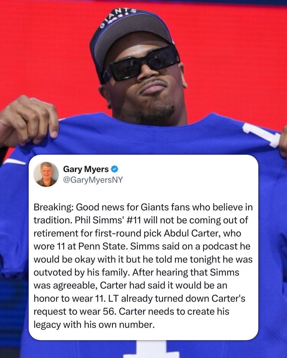 JPAFootball (@jasrifootball) on Twitter photo Damn, Abdul Carter won’t be wearing number 56 or number 11 ☠️
Phil Simms was okay with Carter wearing 11, but his family outvoted him, per <a href="/GaryMyersNY/">Gary Myers</a> Damn, Abdul Carter won’t be wearing number 56 or number 11 ☠️
Phil Simms was okay with Carter wearing 11, but his family outvoted him, per <a href="/GaryMyersNY/">Gary Myers</a>