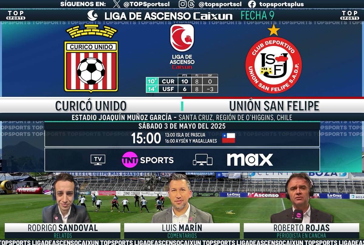 TOP Sports (@topsportscl) on Twitter photo #LigadeAscensoCaixun ⚽️🇨🇱 Fecha 9
#CuricóUnido - #UniónSanFelipe
🎙️ Relatos: <a href="/RorroSandoval/">Rodrigo Sandoval</a>
🗣️ Comentarios: <a href="/luis1marin/">Luis Marin Barahona</a>
🏟️ Cancha: Roberto Rojas
#⃣ #MatchdaySábado - #LigadeAscenso
🖥️ <a href="/TNTSportsCL/">TNT Sports Chile</a>
📱💻 <a href="/StreamMaxLA/">Max Latinoamérica</a> 🇨🇱
🔃❤️ #LigadeAscensoCaixun ⚽️🇨🇱 Fecha 9
#CuricóUnido - #UniónSanFelipe
🎙️ Relatos: <a href="/RorroSandoval/">Rodrigo Sandoval</a>
🗣️ Comentarios: <a href="/luis1marin/">Luis Marin Barahona</a>
🏟️ Cancha: Roberto Rojas
#⃣ #MatchdaySábado - #LigadeAscenso
🖥️ <a href="/TNTSportsCL/">TNT Sports Chile</a>
📱💻 <a href="/StreamMaxLA/">Max Latinoamérica</a> 🇨🇱
🔃❤️