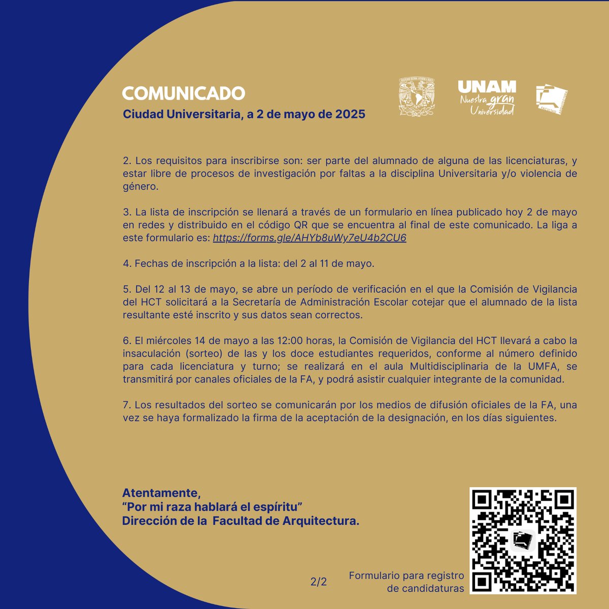 #ComunicadoFA 2 de mayo de 2025. A la comunidad FA
Formulario para registro de candidaturas para representantes del alumnado ante la Comisión revisora de barras y cafeterías FA, en el siguiente link:
forms.gle/AHYb8uWy7eU4b2…