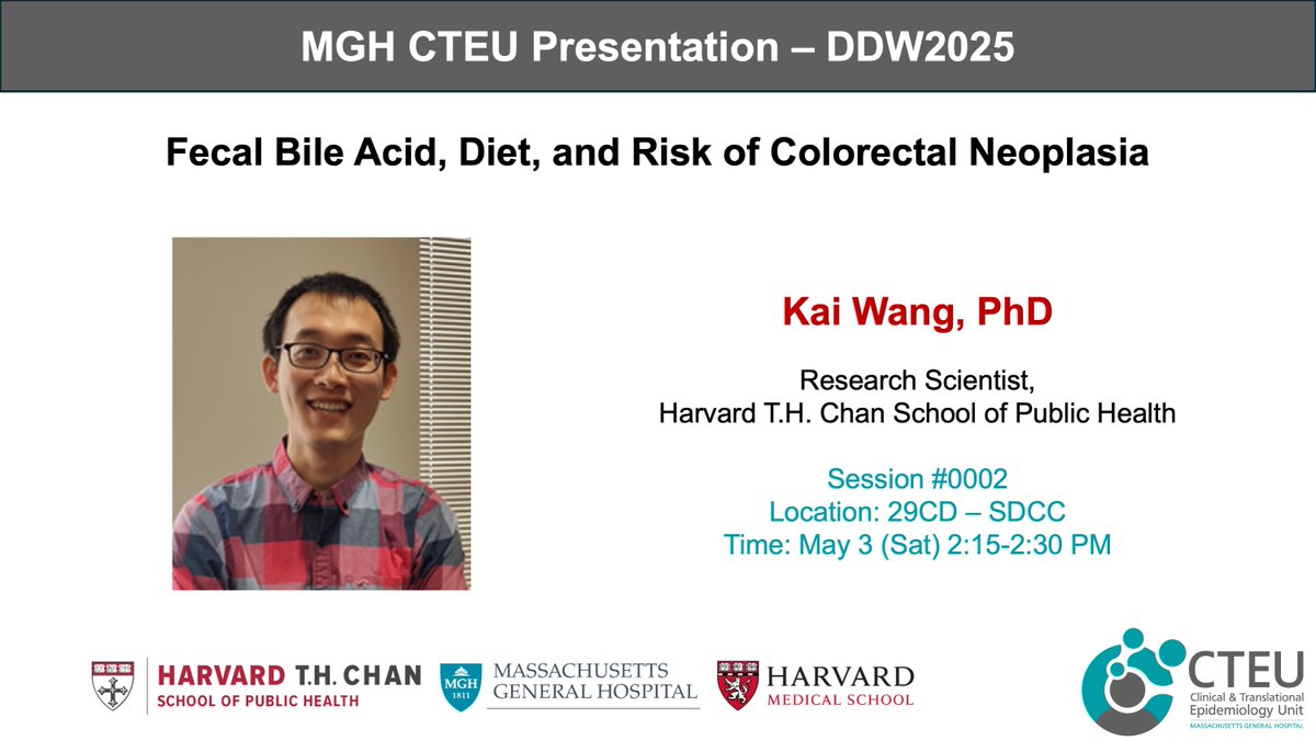 Clinical & Translational Epidemiology Unit - MGH (@mgh_cteu) on Twitter photo How does diet shape fecal bile acid profiles and impact colorectal neoplasia risk? Join <a href="/wangkaiepi/">Kai Wang</a>'s talk at #DDW2025 to learn more!
<a href="/AndyChanMD/">Andy Chan</a>
<a href="/MingyangSong3/">Mingyang Song</a>
<a href="/HarvardEpi/">Harvard Epidemiology</a>
<a href="/HarvardChanSPH/">Harvard T.H. Chan School of Public Health</a>
<a href="/HSPHCancerEpi/">Harvard Cancer Epi</a>
#Microbiome #BileAcids #CancerPrevention #GutHealth #ColorectalCancer How does diet shape fecal bile acid profiles and impact colorectal neoplasia risk? Join <a href="/wangkaiepi/">Kai Wang</a>'s talk at #DDW2025 to learn more!
<a href="/AndyChanMD/">Andy Chan</a>
<a href="/MingyangSong3/">Mingyang Song</a>
<a href="/HarvardEpi/">Harvard Epidemiology</a>
<a href="/HarvardChanSPH/">Harvard T.H. Chan School of Public Health</a>
<a href="/HSPHCancerEpi/">Harvard Cancer Epi</a>
#Microbiome #BileAcids #CancerPrevention #GutHealth #ColorectalCancer