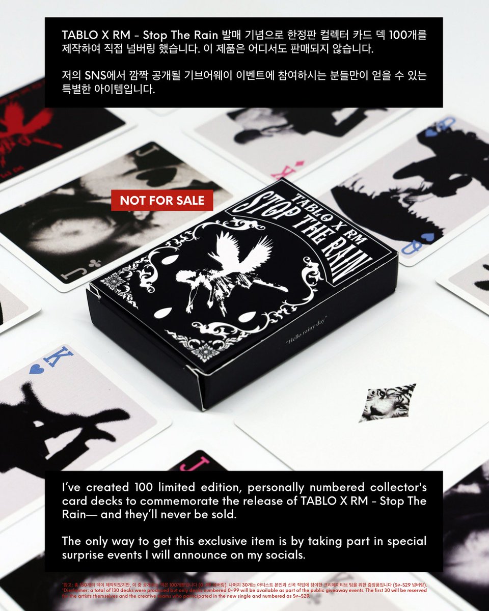blobyblo's tweet image. TABLO X RM "Stop The Rain" Commemorative Card Deck (100 Numbered Limited Edition) *NOT FOR SALE
๋ํ
๋ฐฉ๋ฒ | How to get one: instagram.com/p/DJLE2_ETuyJ/โฆ
#TABLOxRM #STR
