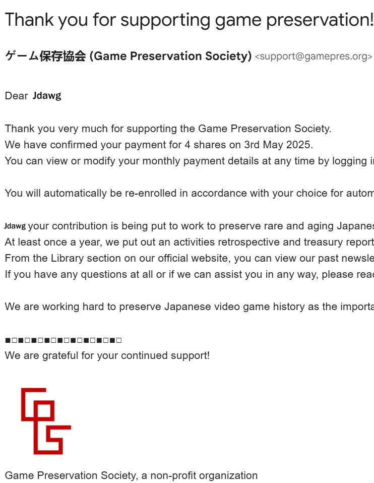 We did it. We can all do it! Support game and game history preservation–and gaming culture protection! Near you and worldwide! Arigato <a href="/gamepres/">ゲーム保存協会 💾 GPS</a> <a href="/gamepresintl/">Game Preservation Society 💾</a> for the work you are doing!