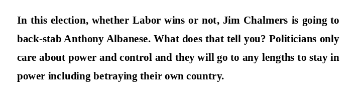 FreeWorld_4U's tweet photo. In this election, whether Labor wins or not, Jim Chalmers is going to back-stab Anthony Albanese. What does that tell you? Politicians only care about power and control and they will go to any lengths to stay in power including betraying their own country. #auspol #auspol25 https://t.co/LIzM5TIAqH