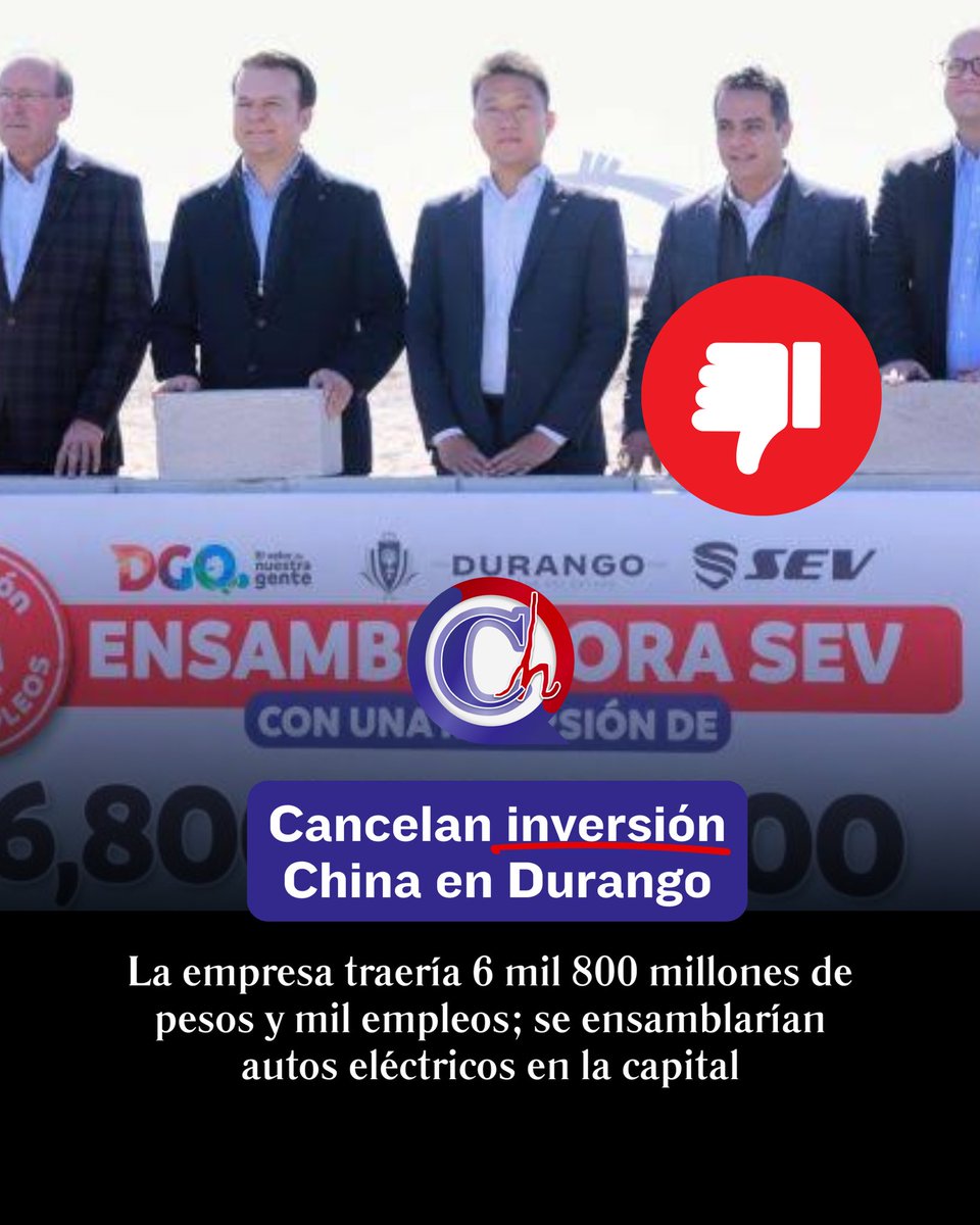 ContactoHoy's tweet photo. #CANCELAN #INVERSIÓN CHINA EN DURANGO
La empresa china #SEV canceló oficialmente la inversión de 6 mil 800 millones de pesos que iba a hacer en Durango y que generaría mil empleos en el estado, como se había anunciado el año pasado.
En 2024, en el llamado “año de Durango”, el Gobierno del Estado había afirmado que ya para mediados de 2025 la planta SEV estaría ensamblando 20 mil autos eléctricos por año; incluso se aseguró que una subsidiaria de SEV se instalaría también para la fabricación de componentes.
La propia autoridad estatal ha reconocido que esto no ocurrirá, atribuyéndolo a la situación del mercado global que ha desencadenado el presidente Donald Trump con la guerra arancelaria con China, cuyo mercado era precisamente Estados Unidos, y por ello la suspensión de la inversión.
Fernando Rosas Palafox. titular de la Secretaría de Desarrollo Económico (Sedeco), fue quien anunció esta noticia que impacta la sociedad duranguense, pues se había hablado incluso de generar carreras afines a las necesidades de esta empresa y de modificar los planes de estudio de las universidades.
#Durango #Dgo #Inversiones