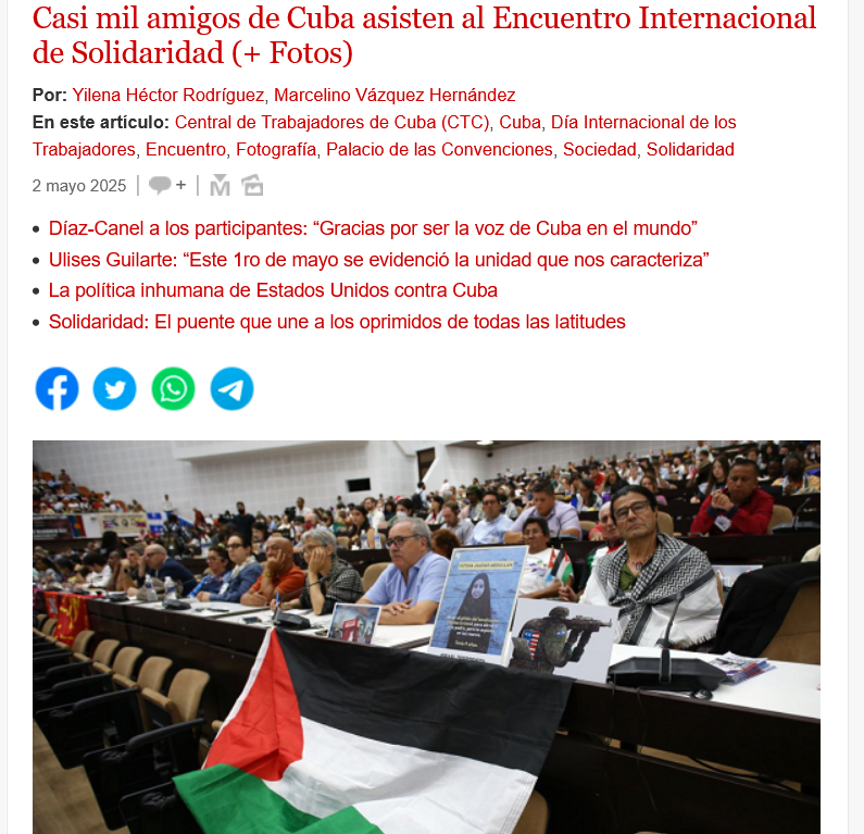 Dany Esquijarosa Bonilla (@danyebonilla03) on Twitter photo #1Mayo | Amigos de #Cuba asisten al Encuentro de Solidaridad
cubadebate.cu/noticias/2025/… <a href="/cubadebatecu/">Cubadebate</a> #1Mayo | Amigos de #Cuba asisten al Encuentro de Solidaridad
cubadebate.cu/noticias/2025/… <a href="/cubadebatecu/">Cubadebate</a>