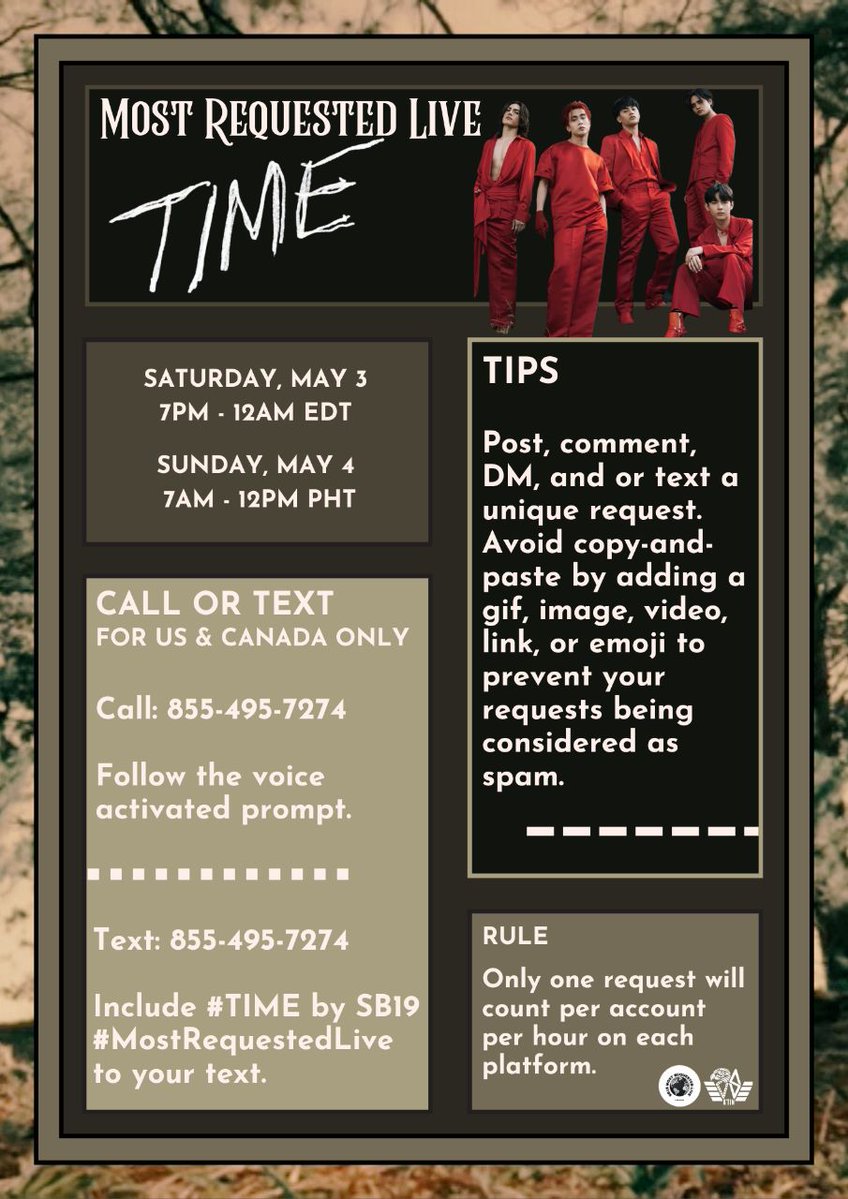 SB19 MOST REQUESTED LIVE (@sb19mrl) on Twitter photo Call and text requests from the US ๐บ๐ธ & Canada ๐จ๐ฆare important in <a href="/MostRequestLive/">Most Requested Live</a>. A'TIN, join us & request #TIME on #MostRequestedLive. Your requests are needed for <a href="/SB19Official/">SB19 Official</a>'s music to get radio play. Thanks & see you later!
<a href="/SB19Official/">SB19 Official</a>
#SB19Time Call and text requests from the US ๐บ๐ธ & Canada ๐จ๐ฆare important in <a href="/MostRequestLive/">Most Requested Live</a>. A'TIN, join us & request #TIME on #MostRequestedLive. Your requests are needed for <a href="/SB19Official/">SB19 Official</a>'s music to get radio play. Thanks & see you later!
<a href="/SB19Official/">SB19 Official</a>
#SB19Time