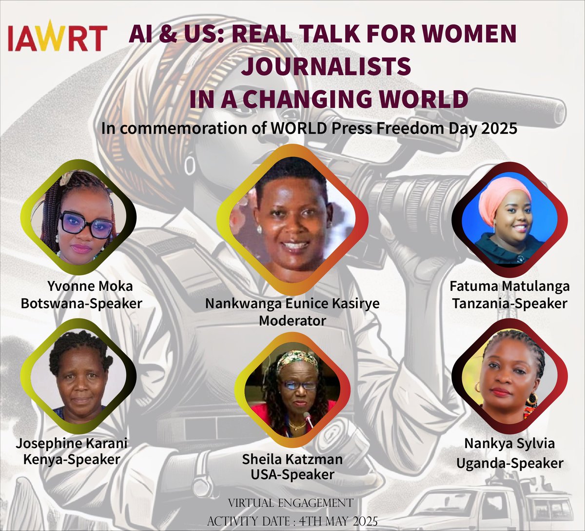AI &amp; US_Real Talk for Women Journalists 
Sunday, May 4th, 900am _11:00am  EAC time
Zoom dialogue : Survival , Safety. Sisterhood. 
Join through the link below 
us02web.zoom.us/j/82244489911?…
#WorldPressFreedomDay 
#WorldPressFreedomIndex 
#PressFreedom #pressfreedomday