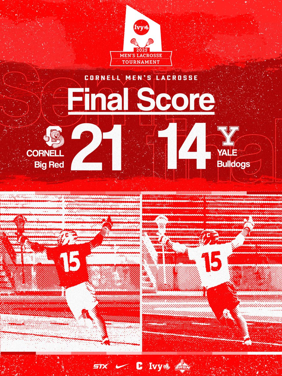 IVY FINALS BOUND 😤

Cornell defeats Yale, 21-14!  Ryan Goldstein, CJ Kirst and Michael Long combined for 25 points! The win advances the Big Red to their fifth Ivy Tournament championship game and first since 2018.
 
Goldstein finished with five goals and three assists while