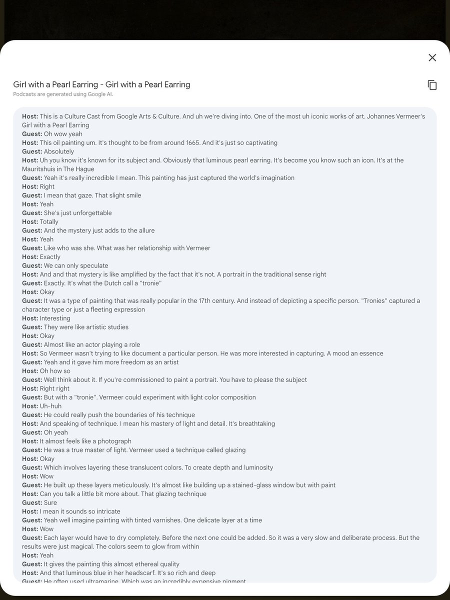 yuiykt's tweet image. Google Arts & Culture で実証中の Google AIによるPodcast機能の日本語対応がほんとうに楽しみ。作品の見かたや捉えかたが広がる感じがあって、これをはやく母語でも体験したい。NotebookLMの Podcast日本語対応があったから、まもなくかなあ、と思っている… @googlearts