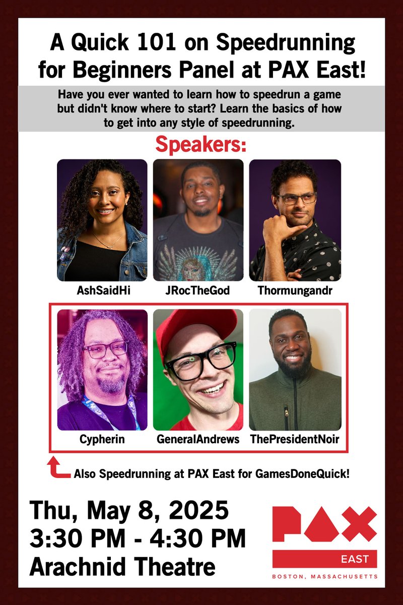 AshSaidHi (@ashsaidhi) on Twitter photo Hi everyone! Super excited to share that <a href="/JrocTheGod/">J-Roc</a> <a href="/thormungandr/">Thormungandr (They/Them)</a> <a href="/The_Cyphering/">Cypherin | cypherin.bsky.social</a> <a href="/GeneralAndrews/">General Andrews</a> <a href="/PresidentNoir/">ThePresidentNoir</a> and I are hosting a Speedrunning 101 panel at #PAXEast!! Catch us on Thurs. May 8th from 3:30-4:30PM ET and learn all the basics about speedrunning! Hi everyone! Super excited to share that <a href="/JrocTheGod/">J-Roc</a> <a href="/thormungandr/">Thormungandr (They/Them)</a> <a href="/The_Cyphering/">Cypherin | cypherin.bsky.social</a> <a href="/GeneralAndrews/">General Andrews</a> <a href="/PresidentNoir/">ThePresidentNoir</a> and I are hosting a Speedrunning 101 panel at #PAXEast!! Catch us on Thurs. May 8th from 3:30-4:30PM ET and learn all the basics about speedrunning!