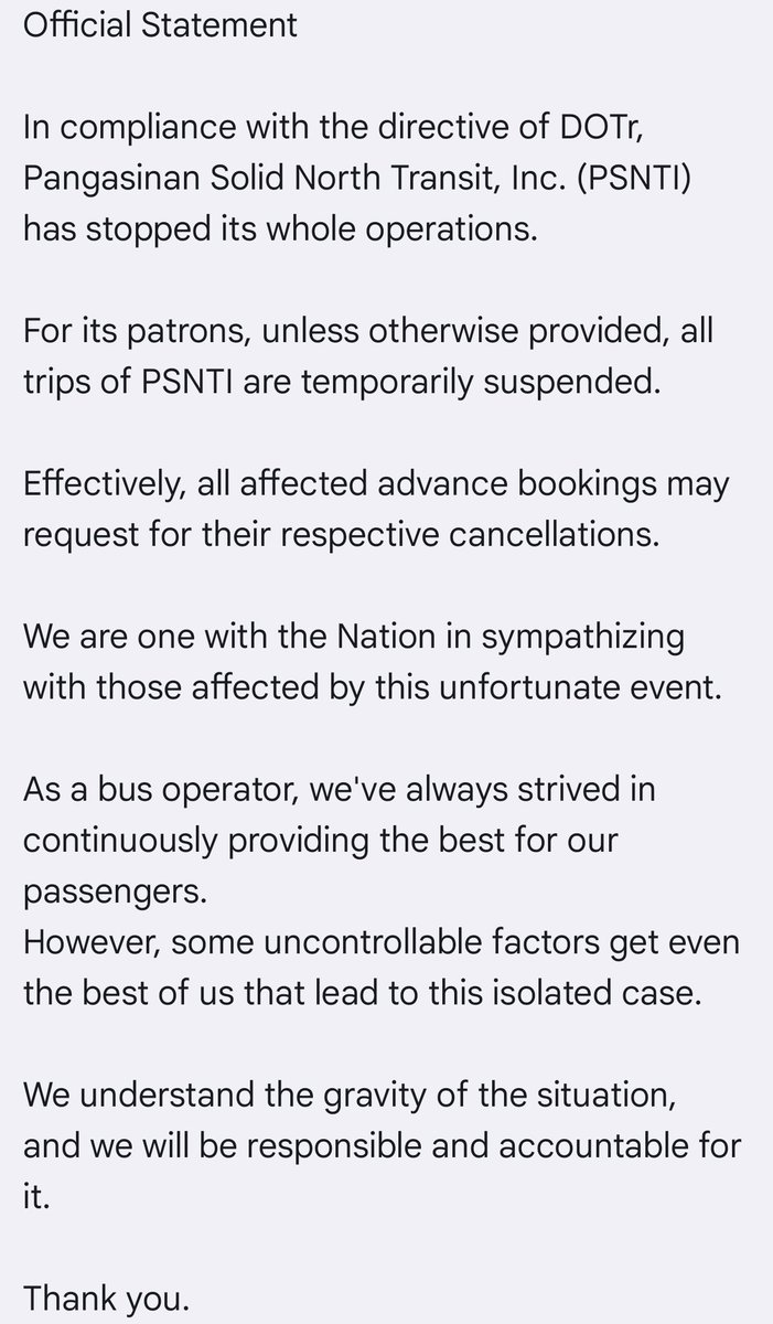 ABSCBNNews's tweet photo. Pangasinan Solid North Transit, Inc. said it will comply with the directive of DOTr to stop its whole operations for 30 days.  

It added that some uncontrollable factors get even the best of them and it'll be accountable for the fatal incident. | via @jekkipascual 

Related: https://t.co/4depkGDoC7