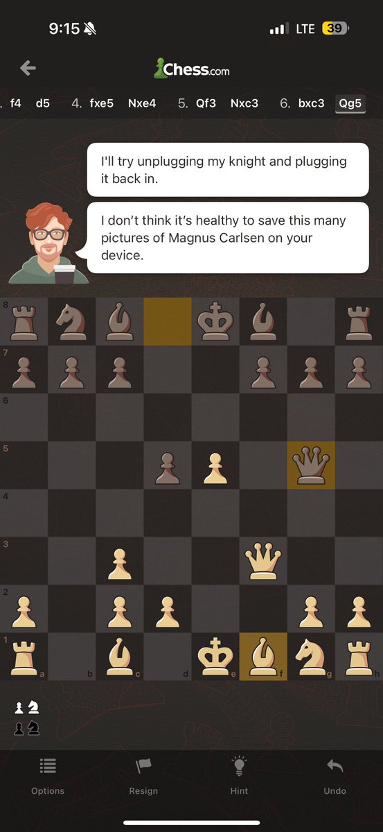 4ndr3w6S's tweet image. Looks like @_JohnHammond got turned into a @chesscom bot 🤖!!

They might have nerfed his Elo, and even gave him an @MagnusCarlsen obsession. 🤣

But at least the wit, jokes and sarcasm made the cut!
