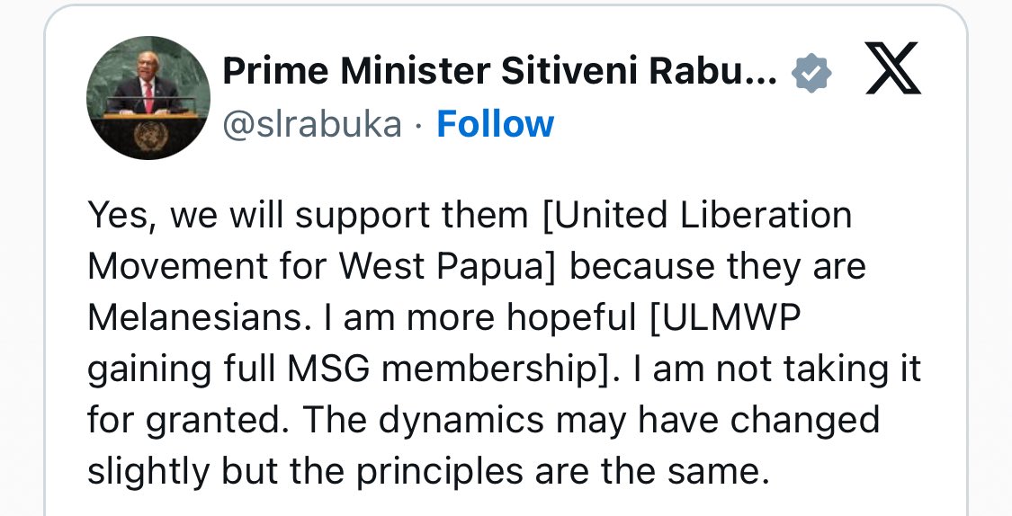 MNailatikau's tweet photo. February 2023: Melanesian solidarity with West Papua
May 2025: Indonesian sovereignty on West Papua

The most craven, vacillating “leadership” I have ever witnessed in my lifetime. https://t.co/KiHAKiKGe9