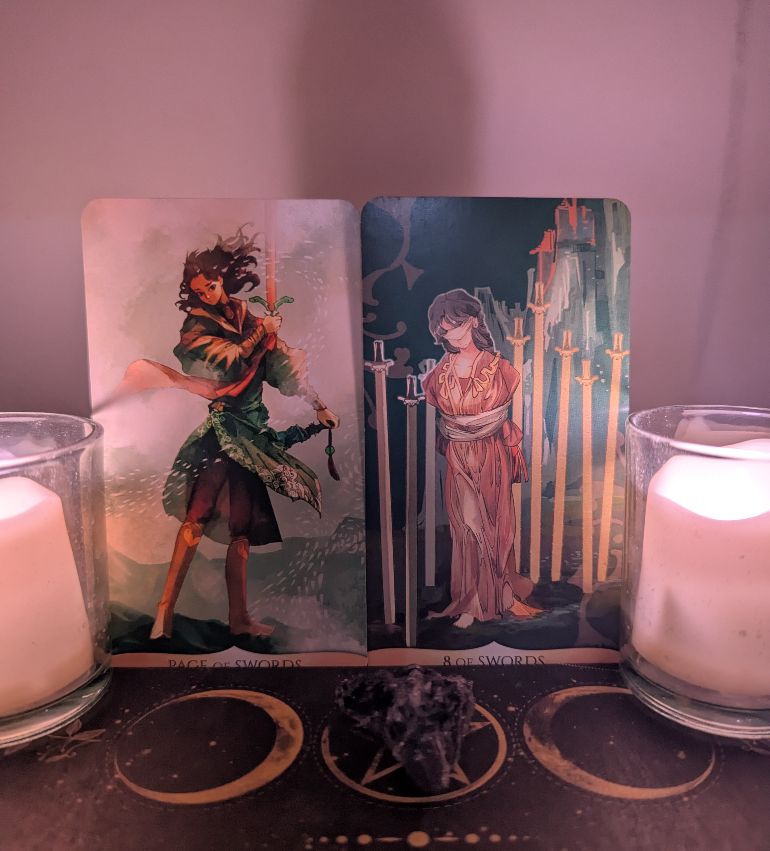 thewidowsasylum's tweet photo. Yesterday was strange today was off.
The page welcomes you to cut down obstacles but use the sword wisely.
8 of swords( not more swords) you still feel uncertain with your blade with patience.
#journal #tarot #occult #swords #anime #cardreading https://t.co/R5ecKTWoLZ