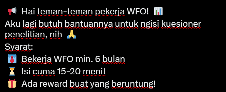 SmgMenfess's tweet image. ndes, link kuesionernya di rep yaa~
RT juga sangat berarti! 🫶
#WFO #kesejahteraankaryawan #EWB #WNI