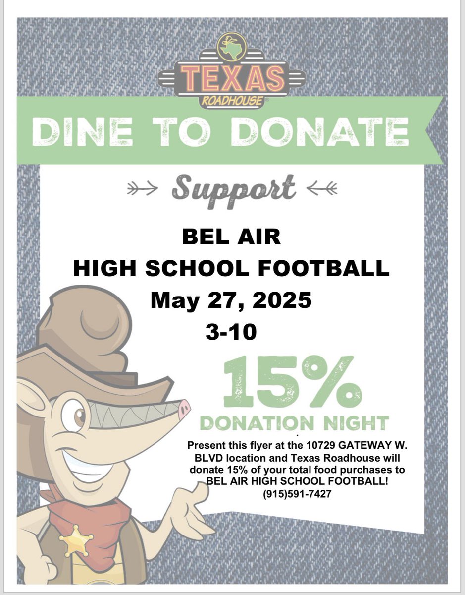 ๐๐๐ง๐ฎ ๐๐๐๐ค๐๐๐ง (@coachrecoder) on Twitter photo Bel Air Football takes over the Texas Roadhouse! Please come support Big Red Football! Spread the word, Cue The Bagpipes!
Letโs pack the Roadhouse! <a href="/BelAirFtbl/">Bel Air Highlander Football</a> <a href="/YISDAthletics1/">YISD Athletics</a> <a href="/YsletaISD/">Ysleta ISD</a> <a href="/BAMS_GLopez/">Gabriel Lopez</a> <a href="/SagelandMicroES/">Sageland MicroSociety</a> <a href="/SagelandMicro/">Jacqueline Salas</a> <a href="/LomaTerraceES/">Loma Terrace ES</a> <a href="/North_Loop_ES/">North Loop ES</a> <a href="/BelAirHigh/">Bel Air HS</a> Bel Air Football takes over the Texas Roadhouse! Please come support Big Red Football! Spread the word, Cue The Bagpipes!
Letโs pack the Roadhouse! <a href="/BelAirFtbl/">Bel Air Highlander Football</a> <a href="/YISDAthletics1/">YISD Athletics</a> <a href="/YsletaISD/">Ysleta ISD</a> <a href="/BAMS_GLopez/">Gabriel Lopez</a> <a href="/SagelandMicroES/">Sageland MicroSociety</a> <a href="/SagelandMicro/">Jacqueline Salas</a> <a href="/LomaTerraceES/">Loma Terrace ES</a> <a href="/North_Loop_ES/">North Loop ES</a> <a href="/BelAirHigh/">Bel Air HS</a>
