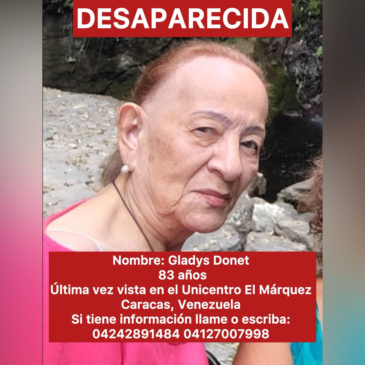 VENPRENSA's tweet photo. #ServicioPúblico ATENCIÓN DESAPARECIDA | Gladys Donet de 83 años. 
La última vez que fue vista se encontraba en el Unicentro El Marquez este mediodía de hoy viernes 2 de mayo. 
Si alguien la ve, piden tratar de hablar con ella y comunicarse de inmediato al: 04242891484 04127007998. #2May #VenprensaSolidaria