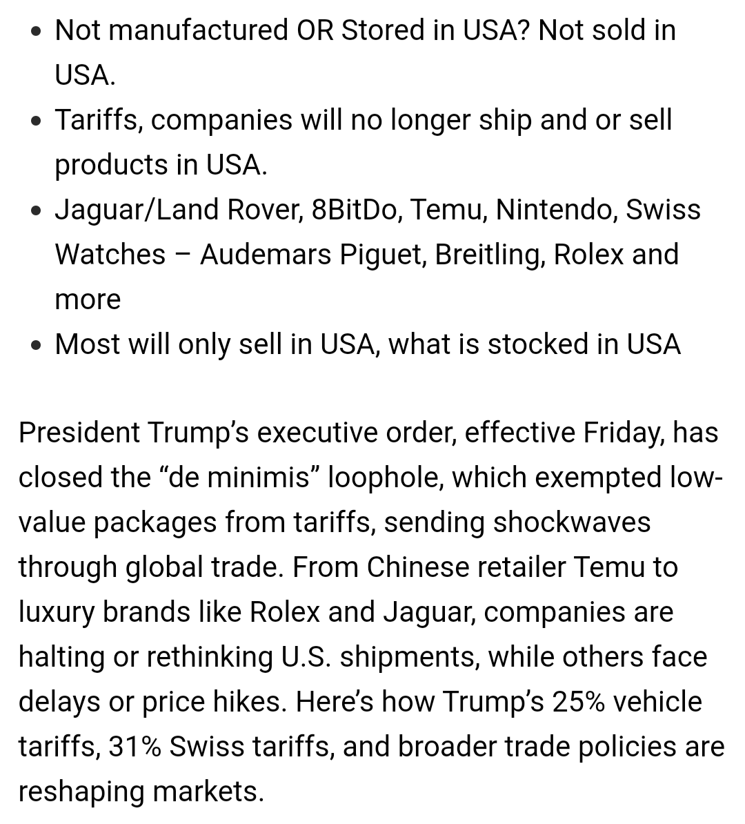 BridgeNewzCom's tweet photo. Big Names Not Shipping-Selling in USA – Temu Nintendo Rolex etc

READ:
https://t.co/8GSzAnxukV

#bridgenewzcom #bridgenewz #breakingnews #economy #tariffs #trump #finance #revenue #imports #exports #jaguar #landrover #8bitdo #temu #nintendo #swiss #piguet #breitling #rolex https://t.co/gQrPNBY4MW