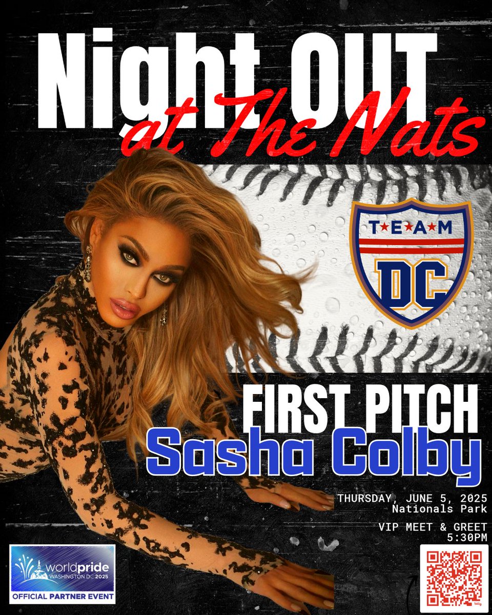 TeamDC (@teamdcsports) on Twitter photo Are you ready for #NightOUTAttheNats on June 5? Just announced - Mother <a href="/sashacolby/">Sasha Colby</a> will be throwing the first pitch during our #WorldPrideDC game. Come join us for our 20th Anniversary with the <a href="/Nationals/">Washington Nationals</a>. Meet & Greet tix zeffy.com/en-US/ticketin… #capitalpride #capitalcup #LGBTQ Are you ready for #NightOUTAttheNats on June 5? Just announced - Mother <a href="/sashacolby/">Sasha Colby</a> will be throwing the first pitch during our #WorldPrideDC game. Come join us for our 20th Anniversary with the <a href="/Nationals/">Washington Nationals</a>. Meet & Greet tix zeffy.com/en-US/ticketin… #capitalpride #capitalcup #LGBTQ