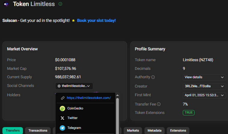 💊BREAKING NEWS — NZT48 | LIMITLESS 

We're excited to announce that our solscan profile has been officially verified and updated!

✅ Token Logo: Updated
🌐 Website: Now visible on Solscan
📢 Telegram: Now visible on Solscan
🐦 X (Twitter): Now visible on Solscan