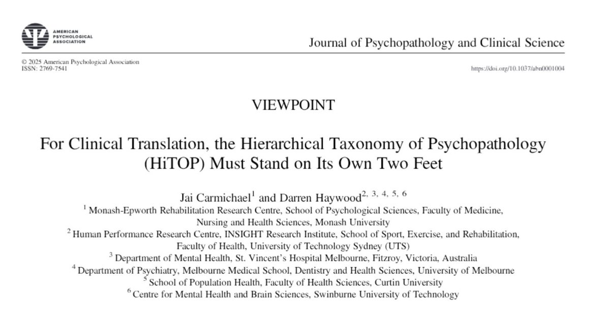 🚨Check out our new paper recently published in the Journal of Psychopathology and Clinical Science led by <a href="/Jai_Carmichael_/">🦋 @jaicarmichael.bsky.social</a>

We argue that <a href="/HiTOP_system/">HiTOP</a> has significant potential in clinical practice but to facilitate its wider clinical translation it must be presented as