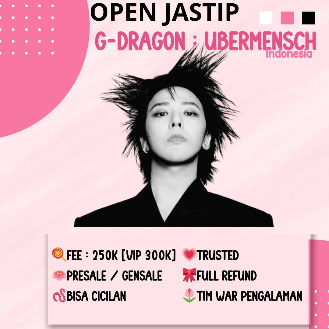 wyfytix's tweet photo. Open Jastip / Jaswar Tiket
✨G-DRAGON : UBERMENSCH✨

Fee : 250K [exc vip 300K]
[ bisa data sendiri]
[bisa self payment]
[jastip dan tim pengalaman]

💳BCA / CICILAN /DLL

✓ Trusted
✓ Grup WhatsApp
✓ Full refund jika tidak dapat tiket
Form booking : DM https://t.co/uG1uwLca22
