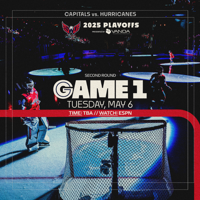 Capitals's tweet photo. The @NHL today announced that Game 1 of the Second Round series between the Washington Capitals and Carolina Hurricanes is set for Tuesday, May 6 at @CapitalOneArena.

The game will be televised on @espn in the U.S. The starting time will be announced when available.