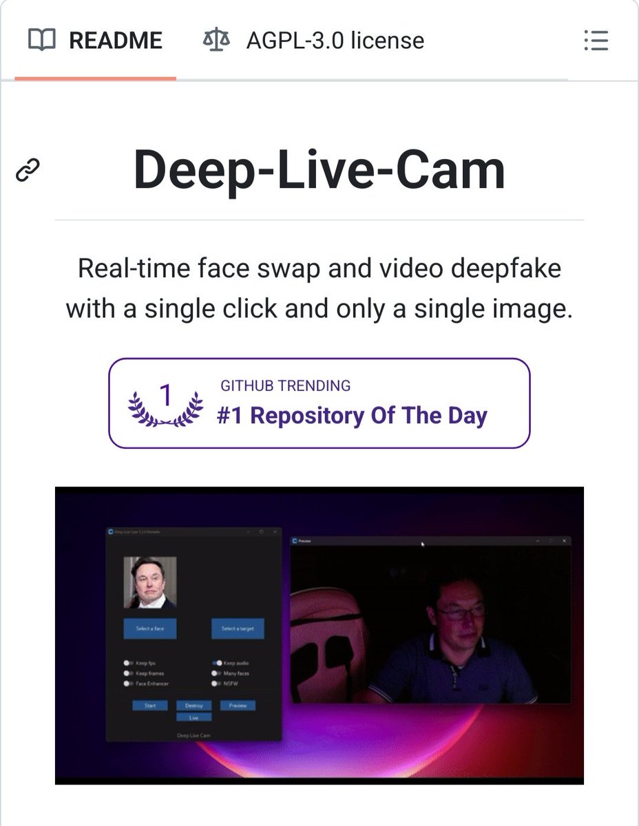 GithubProjects's tweet photo. Become Anyone, Live - One Image, One Click, Infinite Faces. https://t.co/URjc7Absh5
