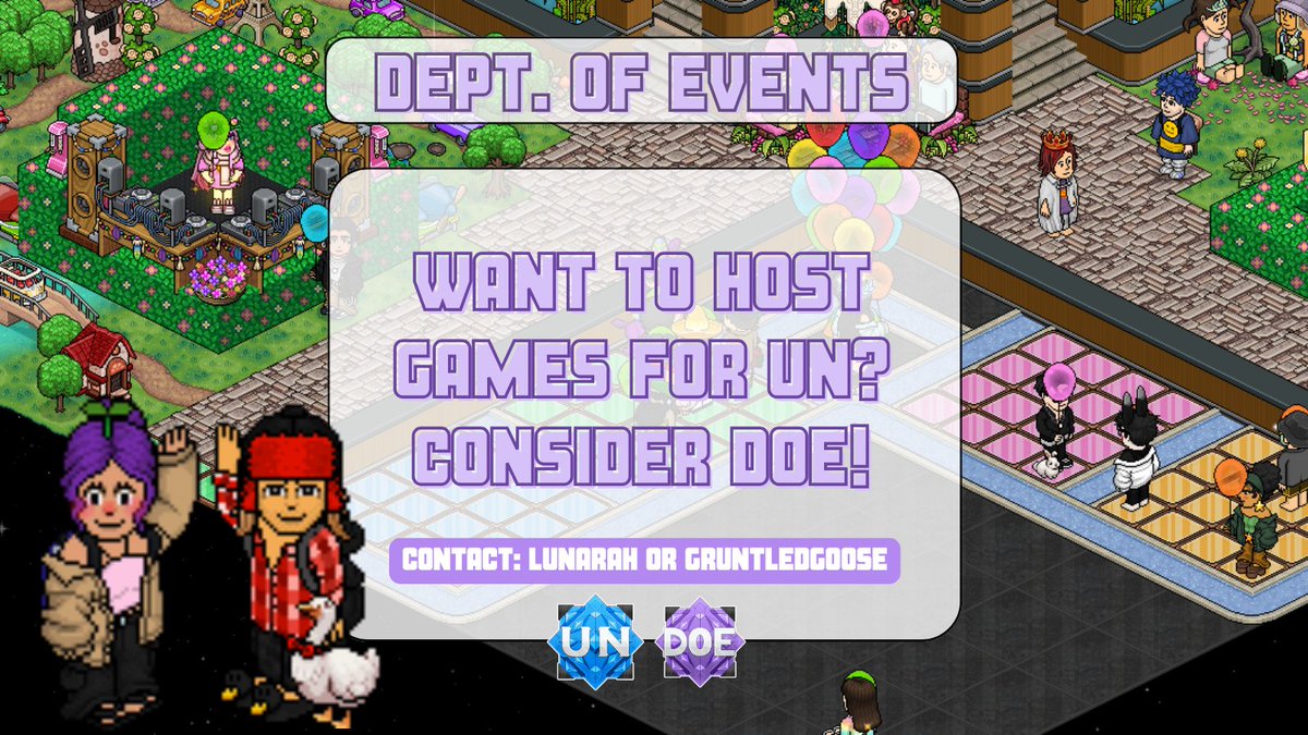 🪩 the Dept of Events is always looking for new hosts! Enjoy hosting habbo games? Have past experience hosting? 📩 Message lunarah or GruntledGoose for more information! #habbo #habboUN

✨ <a href="/mariexuhhh_/">Maria</a>