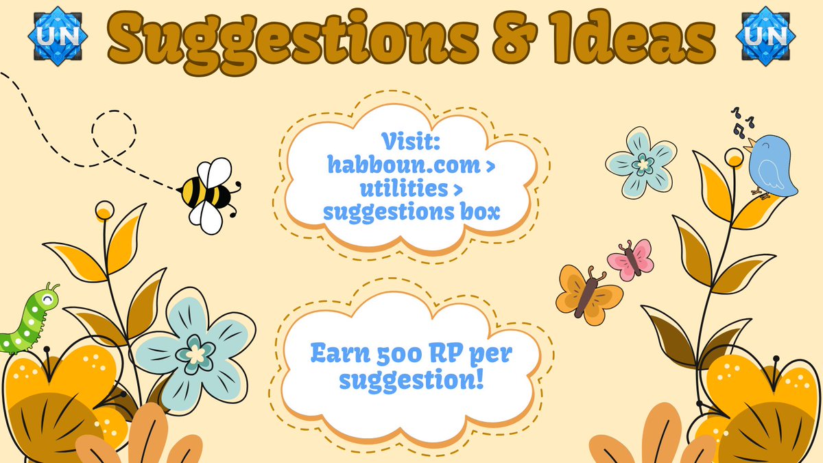 🐝 Have any new ideas buzzing around your head lately? We're always looking for ways to improve our agency! Send in your suggestions to our Suggestions Box and see your ideas change the future of UN! 🌻 #habbo #habboUN

🔗 Direct link: docs.google.com/forms/d/18I0A1…

✨ <a href="/DoubleDashJeff/">--Jeff--</a>
