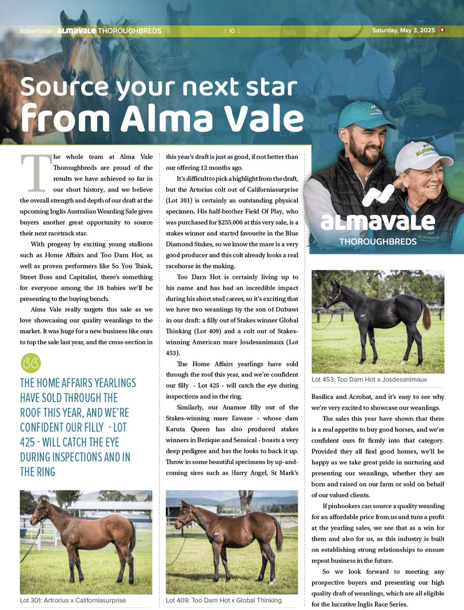 ANZ Bloodstock (@anz_news) on Twitter photo ๐ด | <a href="/AlmaValeTB/">Alma Vale Thoroughbreds</a>
Source your next star from Alma Vale ๐ 
18 Weanlings to walk through the <a href="/inglis_sales/">Inglis</a> ring ๐ ๐ด | <a href="/AlmaValeTB/">Alma Vale Thoroughbreds</a>
Source your next star from Alma Vale ๐ 
18 Weanlings to walk through the <a href="/inglis_sales/">Inglis</a> ring ๐
