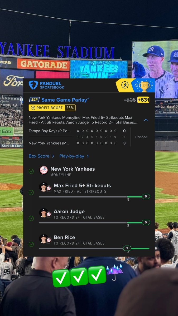 UmbrellaSportsX's tweet photo. Live at Yankee Stadium CASHHH✅✅✅☔️ Collab w @Whys0_fly 

Join the Team ☔️💰 @WhopSports 

#gamblingx #sportsbetting #umbrellasportspicks #sportsbets #handicappers #bettingadvice #sportscappers #bettinghelp #parlaylife #mlb #winningpicks #bettingtips #sportsbettors #mlbpicks https://t.co/EG8TrhPcUy