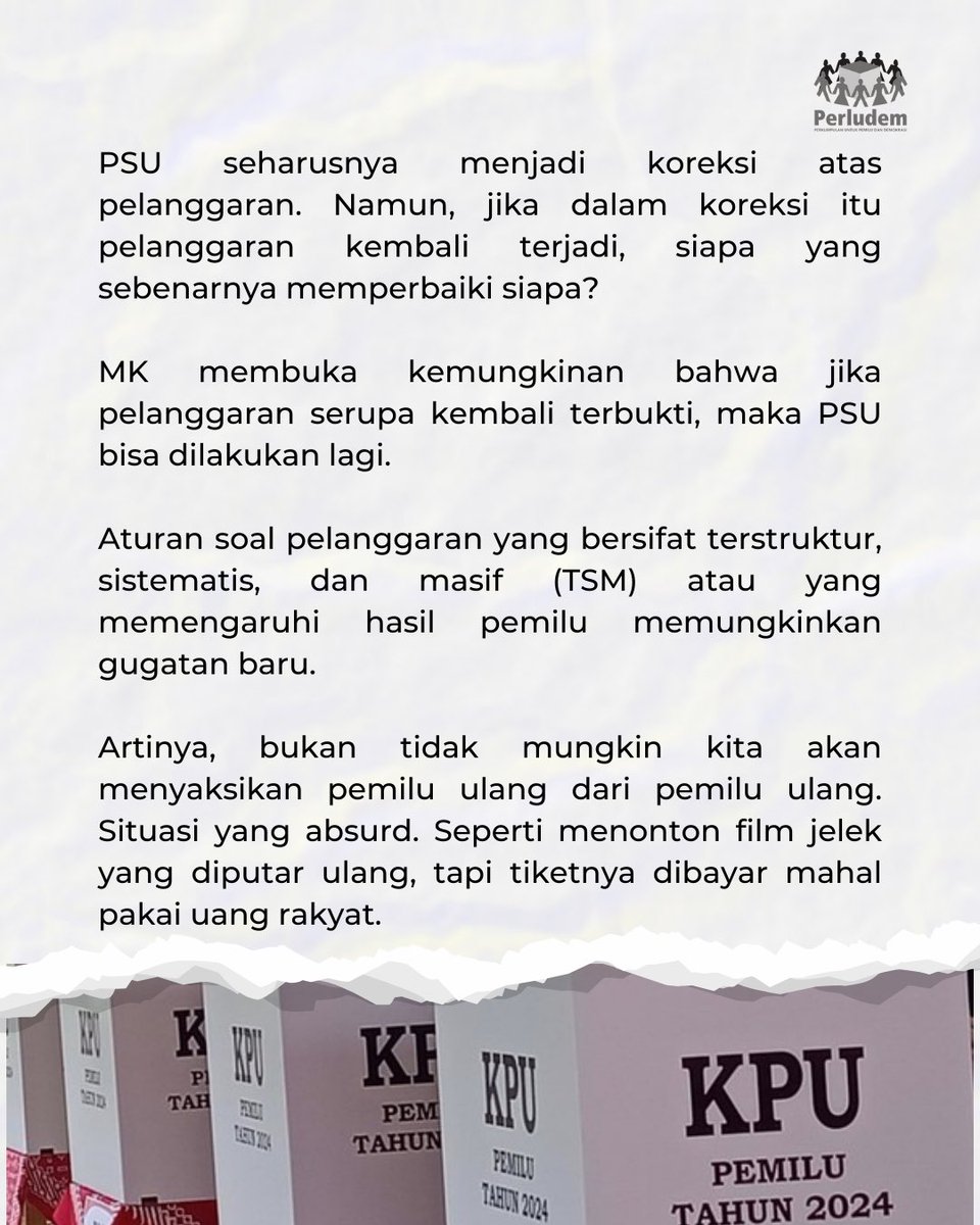 perludem's tweet image. Lantas, apa gunanya demokrasi diulang kalau penyakitnya juga turut berulang?

nasional.kompas.com/read/2025/04/3…

#perludem