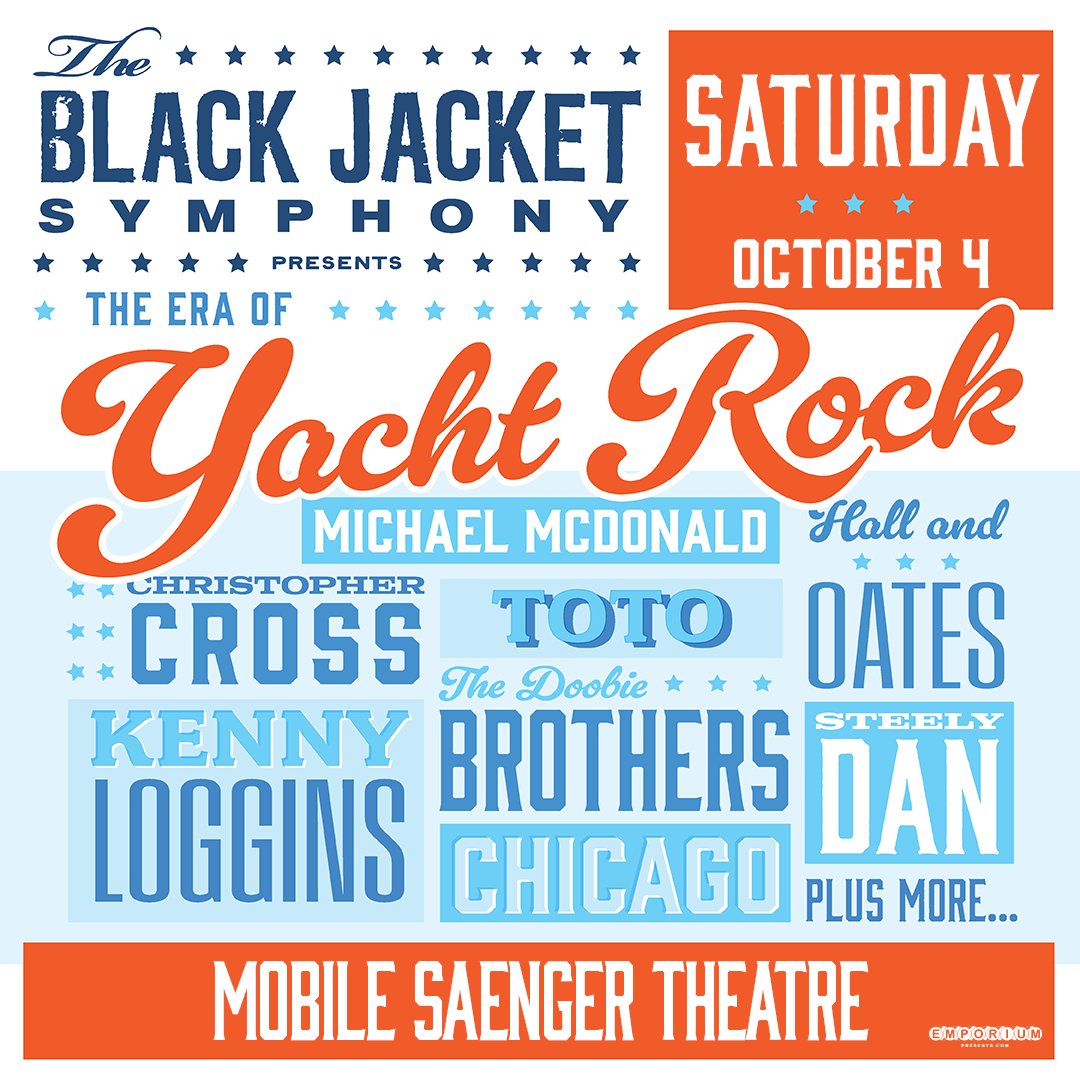 JUST ANNOUNCED! The Black Jacket Symphony will return October 4th rocking a Captain's hat! Don't miss the hits of The Era of Yacht Rock! Seats up Friday 5/9! 

#MobileAlabama #MobileAL #MobileCounty #BaldwinCounty #GulfCoast #Pensacola #Biloxi