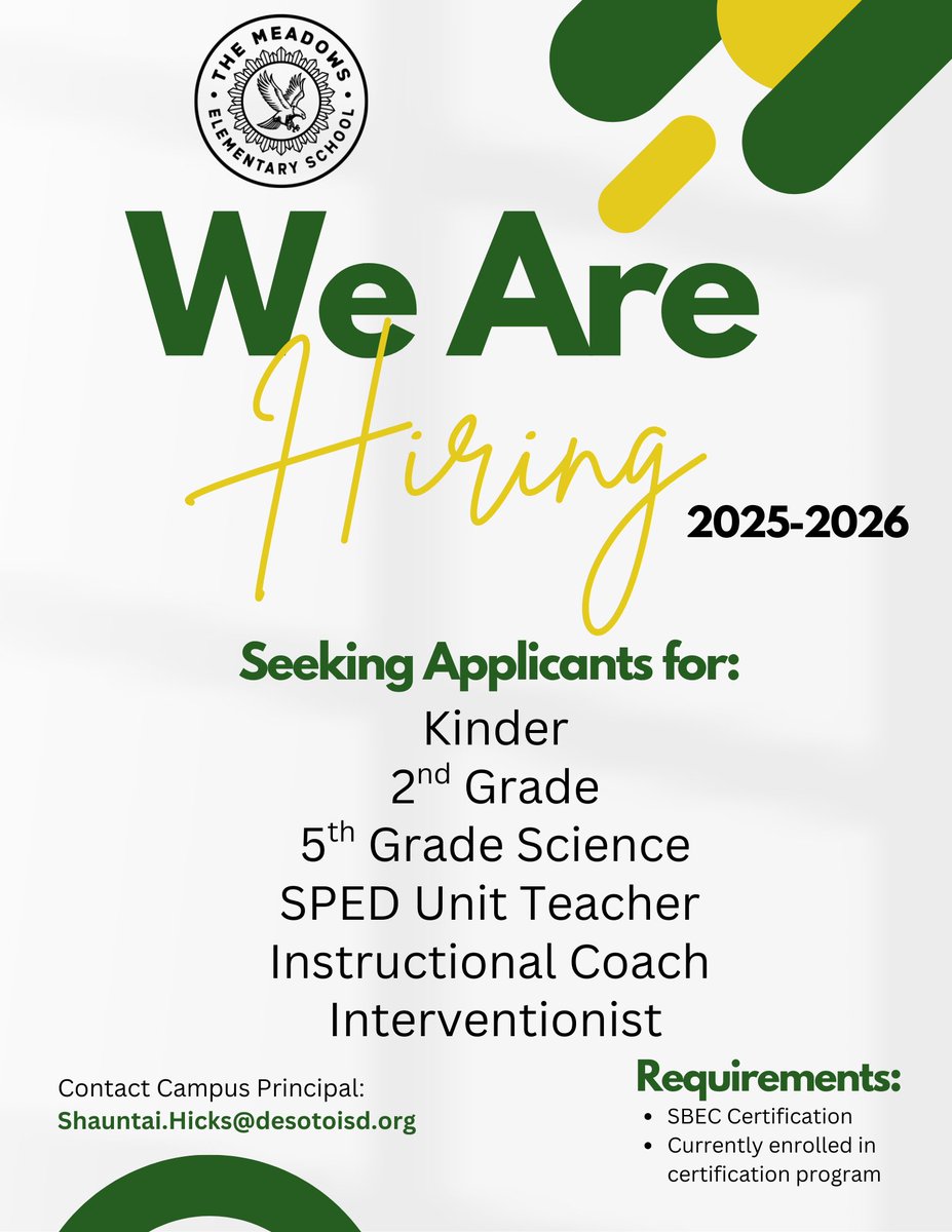 Shauntai Hicks (@shicksmed) on Twitter photo My school is growing!!!!
Connect & grow in DeSoto 🦅💚💛
Email resumes at Shauntai.hicks@desotoisd.org My school is growing!!!!
Connect & grow in DeSoto 🦅💚💛
Email resumes at Shauntai.hicks@desotoisd.org