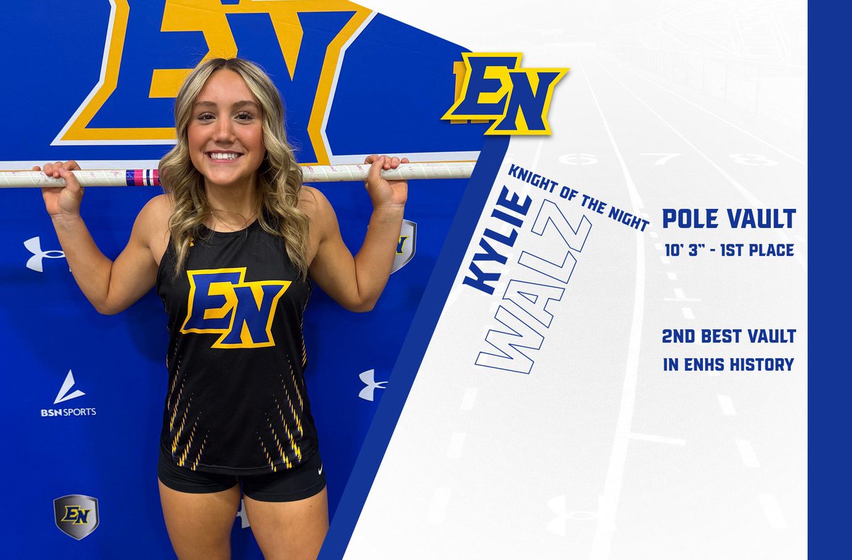 Our Knight of the Night is Kylie Walz who vaulted herself to a first place finish with a vault of 10’ 3”! That vault puts her 2nd all time in East Noble history! We are so proud of you!