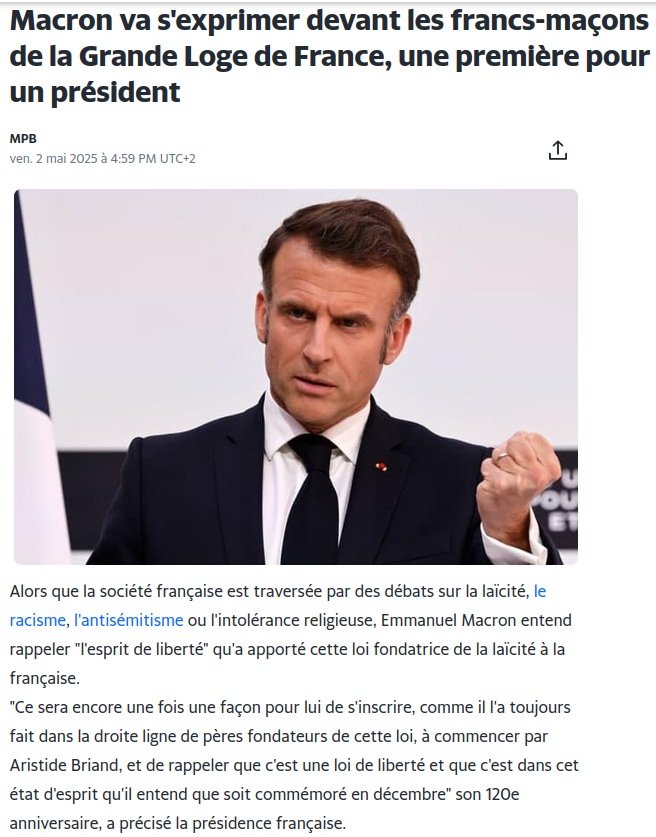 Casimir_Noir's tweet image. Info-Loges 📐📐📐
#EmmanuelMacron va s'exprimer devant les francs-maçons de la Grande Loge de France.
La  #GLDF est réputée discrète et spiritualiste. Elle est par ailleurs composée seulement d'hommes.
fr.yahoo.com/news/macron-va…