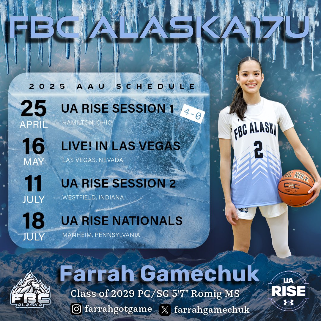 farrahgamechuk's tweet photo. 2025 AAU Schedule
FBC Alaska 17U | Farrah Gamechuk
Class of 2029 | 14 y/o | 5’7” | Romig Middle School
📍 College Coaches – I'm coming to compete.
#17u #8thgrader #14yearsold #FBCStrong #girlscanhoop #fromthesnow❄️ #UARiseGirls #farrahgotgame https://t.co/gsQL69zOLq