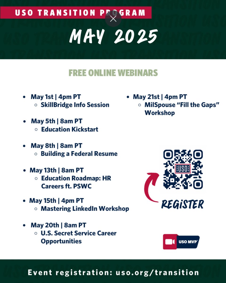 🚨 RESOURCE ALERT: See the USO's upcoming Transition Program schedule where veterans and military spouses can learn skills like building a resume and other career opportunities.