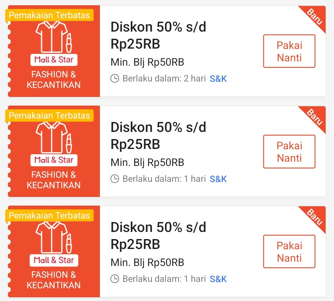 Diskon 50% maksimal Rp25.000
Minimal pembelian Rp50.000
🗓️ 4 Mei 2025 ⏰ 20:00
🗓️ 5 Mei 2025 ⏰ 00:00 &amp; 12:00
📌 Kategori Fashion &amp; Kecantikan 

SHOPEE55TERFASHION
SHOPEEPROMOPUNCAK55
BELANJADISHOPEE5MEI 

Input kode vouchernya disini:
s.shopee.co.id/6zzXwmWLTh