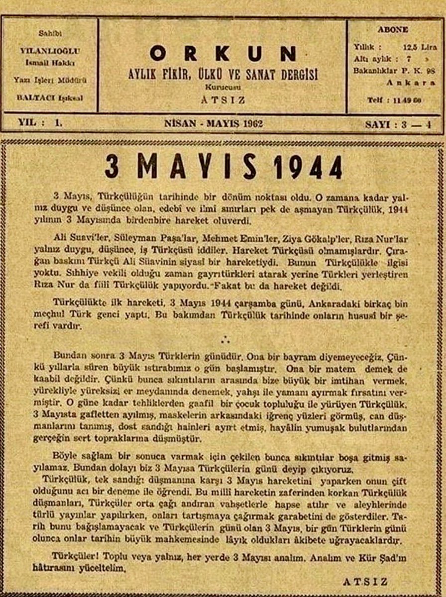 Saraylarda süremem dağlarda sürdüğümü...
Bin cihana değişmem şu öksüz Türklüğümü...
3 Mayıs Türklüğün diriliş günü kutlu olsun...
#NEMUTLUTÜRKÜMDİYENE 
#3MayısTürkçülerGünü #kutluolsun