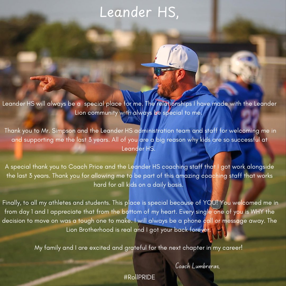 Larry Lumbreras M.Ed. (@coachlumbreras) on Twitter photo Leander America, thank you from the bottom of my heart for an amazing three years at <a href="/LeanderHS/">Leander High School</a>! Psalm 139 says, βAll of your days were written before you were born.β God has already written your story. The key is to get your story in line with His story. #RollPRIDE Leander America, thank you from the bottom of my heart for an amazing three years at <a href="/LeanderHS/">Leander High School</a>! Psalm 139 says, βAll of your days were written before you were born.β God has already written your story. The key is to get your story in line with His story. #RollPRIDE