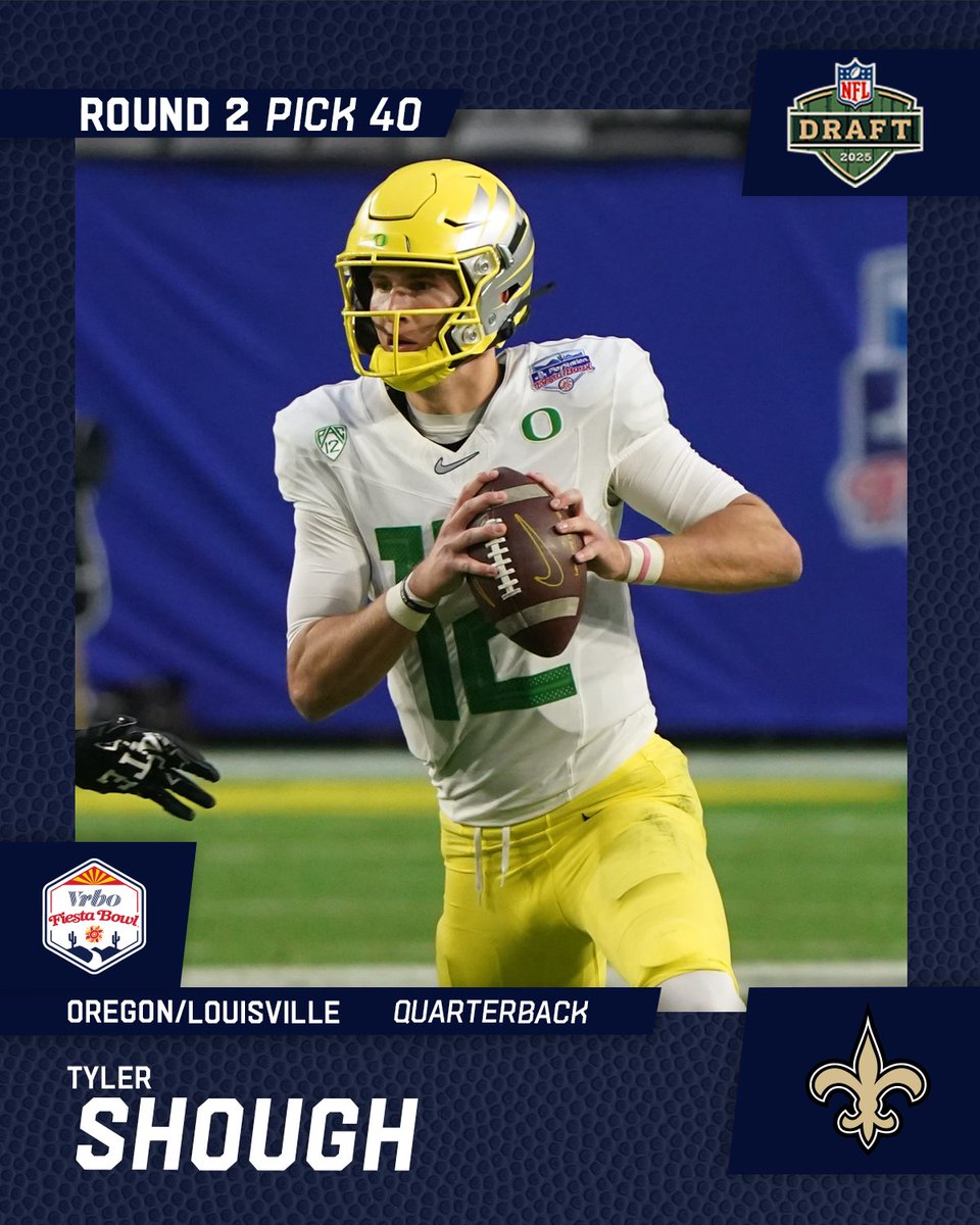 Fiesta Sports Foundation (@fiesta_bowl) on Twitter photo Arizona's own <a href="/tylershough2/">Tyler Shough</a> is our first Fiesta Bowl alum selected in Round ✌️ of the #NFLDraft, 40th overall to <a href="/Saints/">New Orleans Saints</a>.
The <a href="/HuskiesGridiron/">Hamilton Gridiron Club</a> alum started the 2021 Fiesta Bowl with <a href="/oregonfootball/">Oregon Football</a> before finishing his career with <a href="/LouisvilleFB/">Louisville Football</a>. Arizona's own <a href="/tylershough2/">Tyler Shough</a> is our first Fiesta Bowl alum selected in Round ✌️ of the #NFLDraft, 40th overall to <a href="/Saints/">New Orleans Saints</a>.
The <a href="/HuskiesGridiron/">Hamilton Gridiron Club</a> alum started the 2021 Fiesta Bowl with <a href="/oregonfootball/">Oregon Football</a> before finishing his career with <a href="/LouisvilleFB/">Louisville Football</a>.