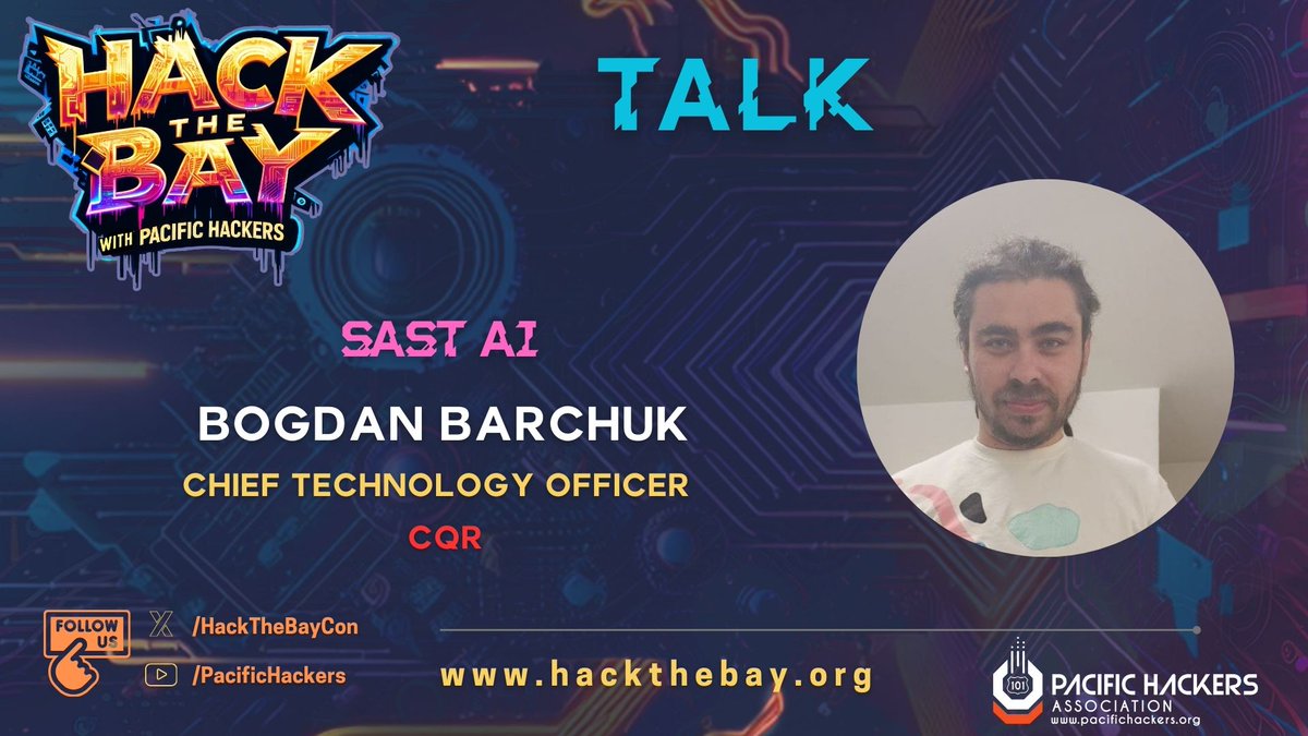 PacificHackers's tweet photo. SPEAKING SESSION ANNOUNCEMENT! 

SAST AI, by Bogdan Barchuk
When: April 28, 2025 | 2:00 PM - 2:45 PM | Main Track

#PacificHackers #HackTheBay #SAST #AISecurityTesting #SecureCodeAnalysis #ApplicationSecurity #StaticAnalysis #VulnerabilityDetection #SFSecurityWeek https://t.co/a2zTPaCHXp