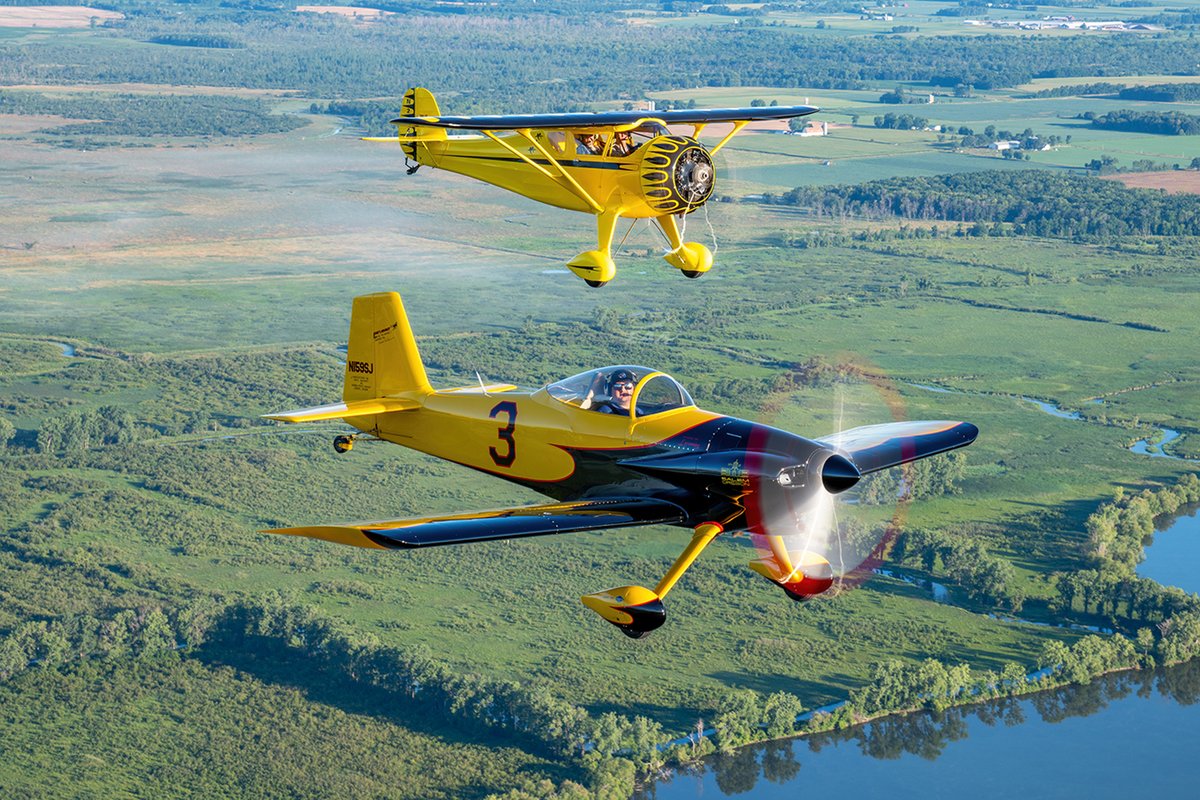 EAA's tweet photo. Flying is always better with friends! Enjoy this #FormationFriday photo with an RV-3 sporting a Gee Bee Z–inspired paint scheme, joined by a Monocoupe 110 sporting a similarly yellow-and-black look.
What’s your favorite formation you’ve ever witnessed?
📷 Connor Madison https://t.co/QBNCElG1VR