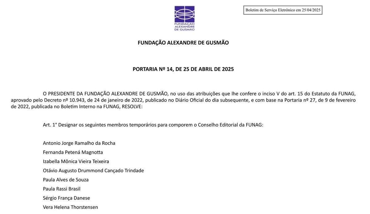 Fui escolhida para integrar o novo Conselho Editorial da <a href="/funagbrasil/">Fundação Alexandre de Gusmão</a>. Terei a alegria de compor esse time com Antonio Jorge, Izabella Teixeira, Otávio Cançado Trindade, Paula Souza, Paula Brasil, Sergio Danese e Vera Thorstensen. Obrigada aos que prestigiam o meu trabalho! ❤️